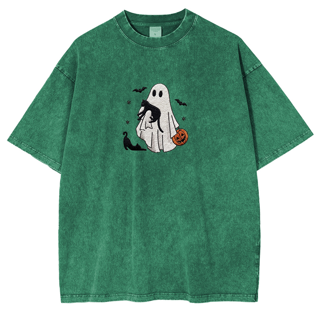 Ghost With Cats embroidered Halloween Weashed Shrit