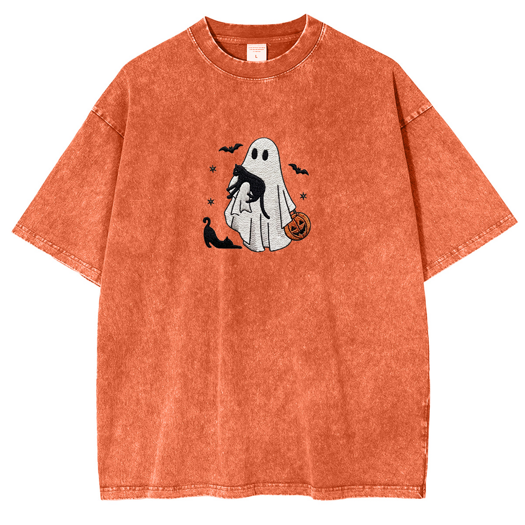 Ghost With Cats embroidered Halloween Weashed Shrit