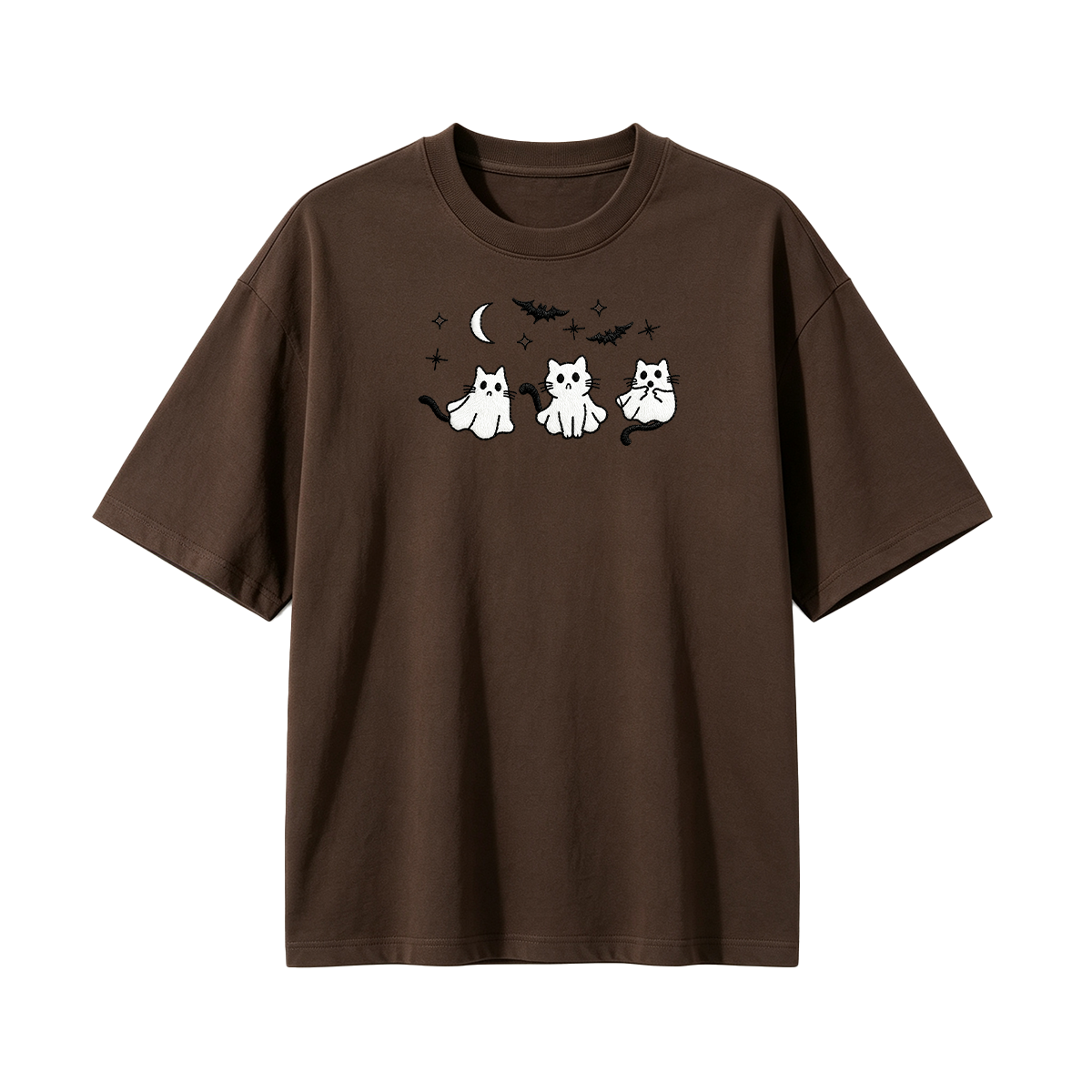 3 Ghost Cats Embroidered Spooky Season Halloween  T-shirt