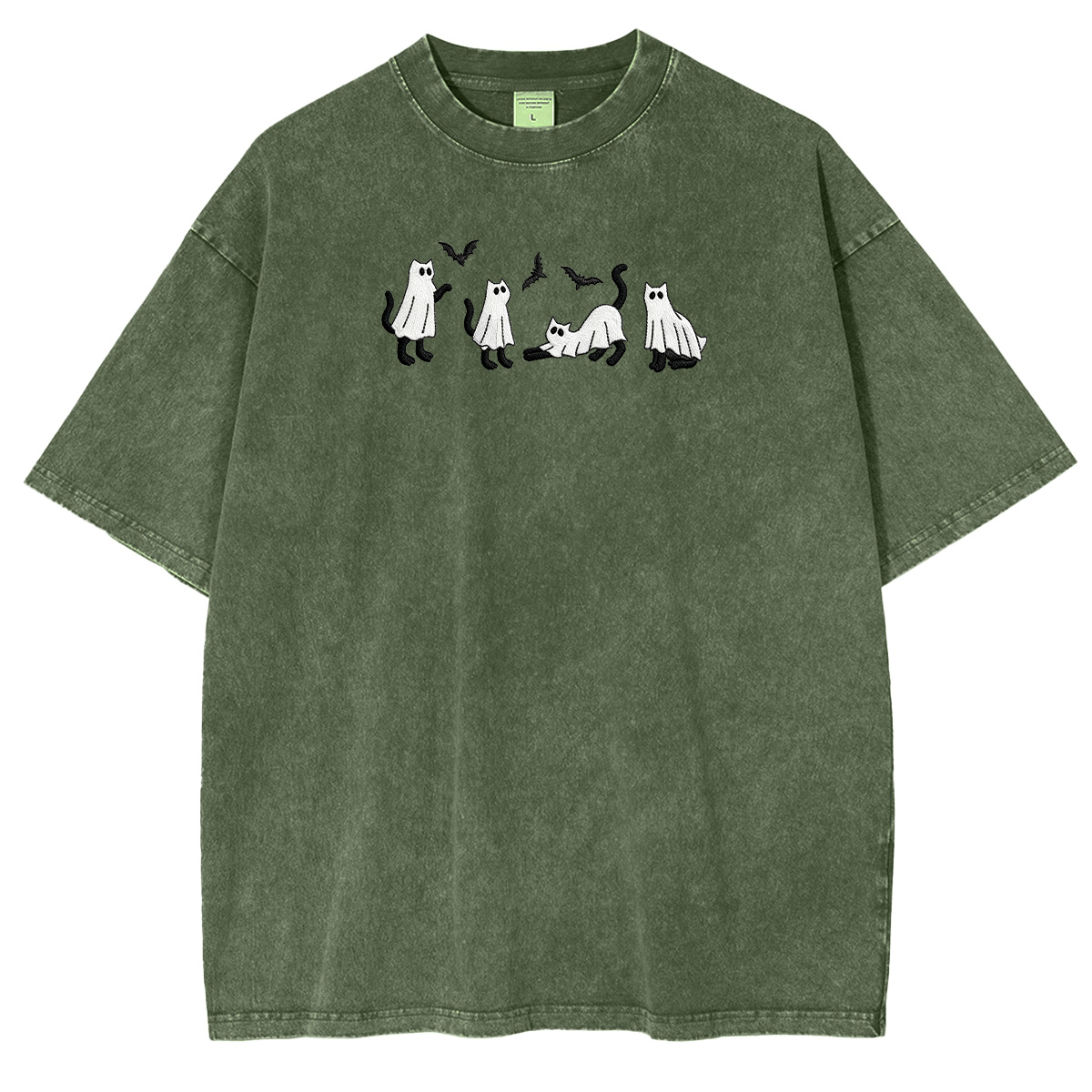 Embroidered Ghost Cats Halloween Weashed Shrit