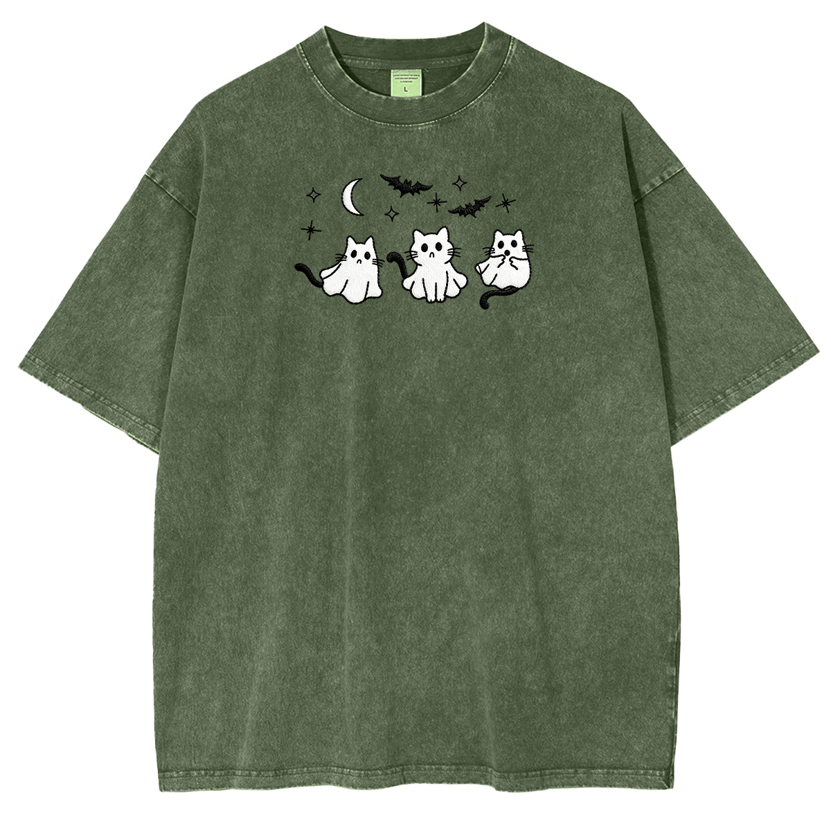 3 Ghost Cats Embroidered Spooky Season Halloween Weashed Shrit