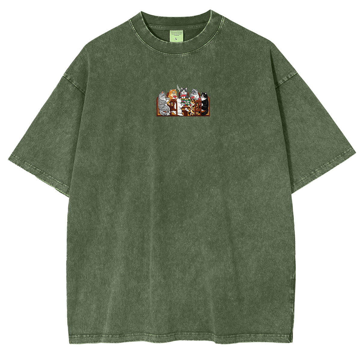 Embroidered Cats Playing Poker Washed T-shirt