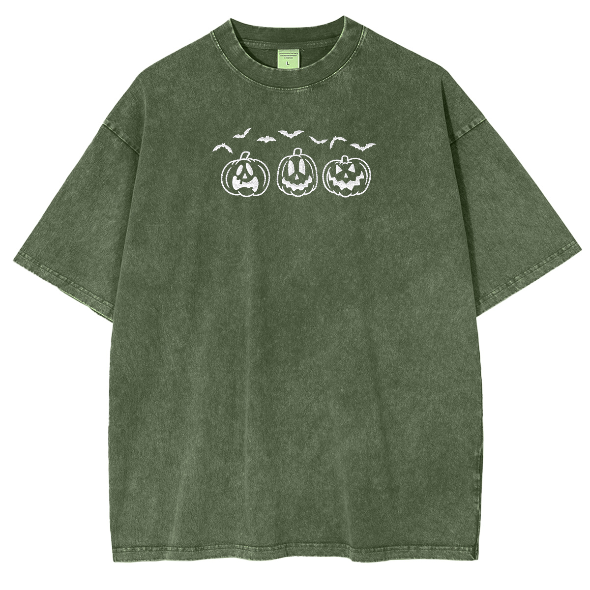 Embroidered Pumpkin Outline with Bats Weashed Shrit