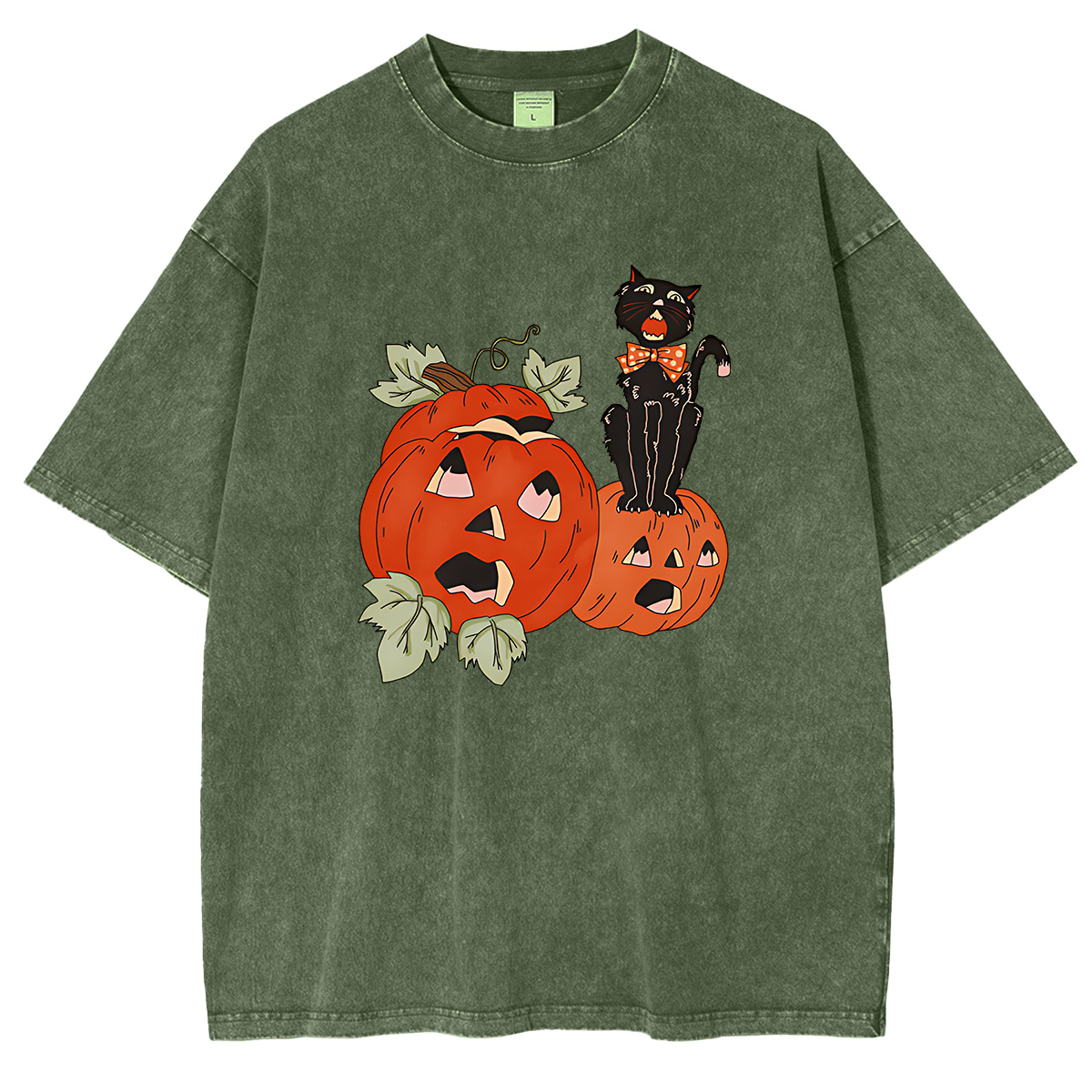 Halloween Screaming Black Cat And Pumpkins Washed T-shirt