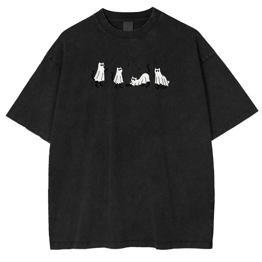 Embroidered Ghost Cats Halloween Weashed Shrit