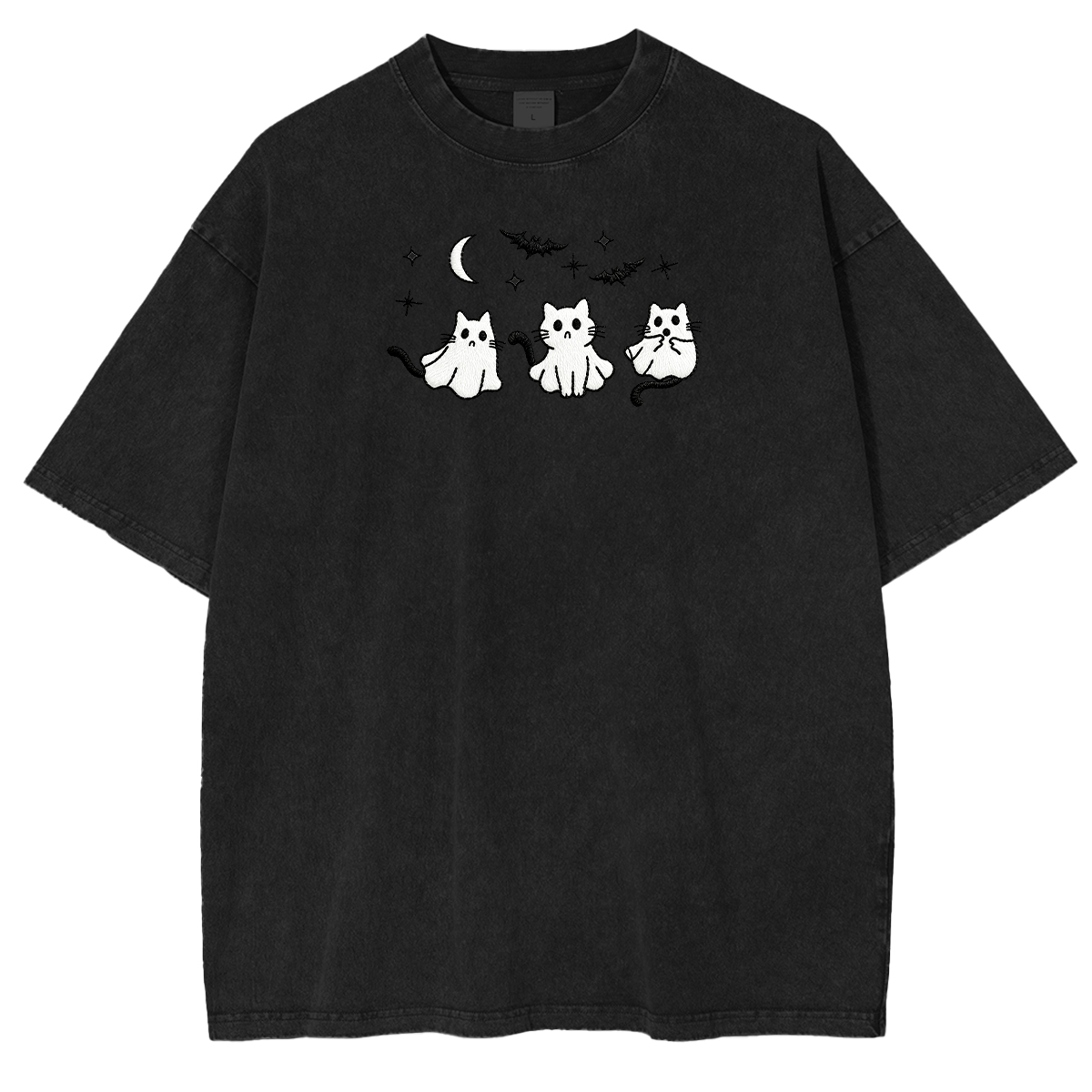 3 Ghost Cats Embroidered Spooky Season Halloween Weashed Shrit