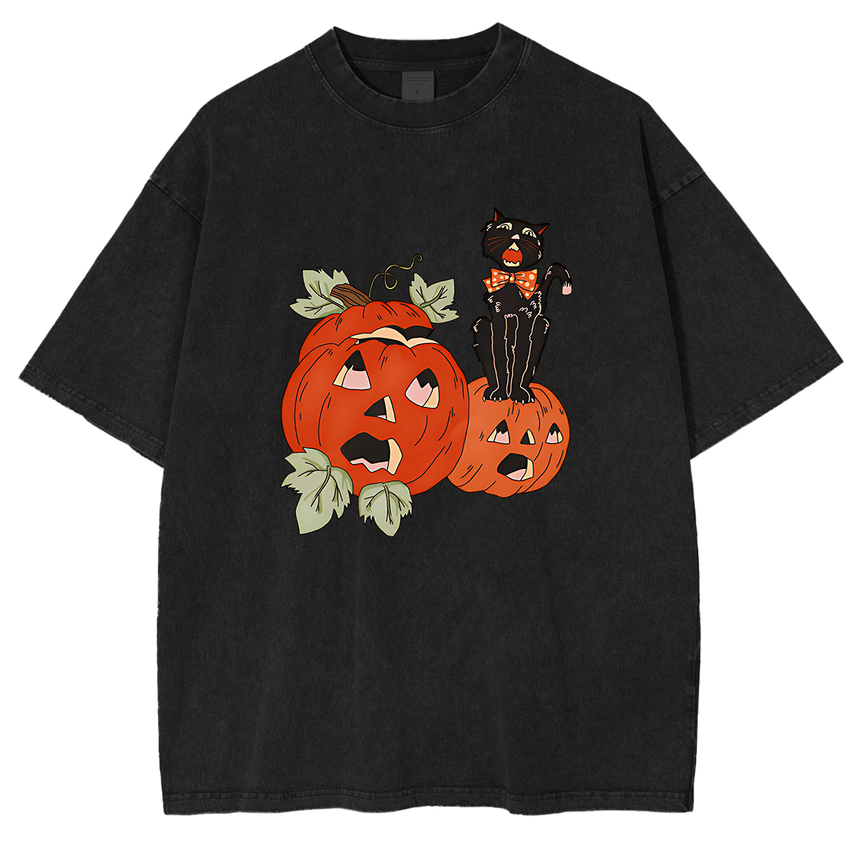 Halloween Screaming Black Cat And Pumpkins Washed T-shirt