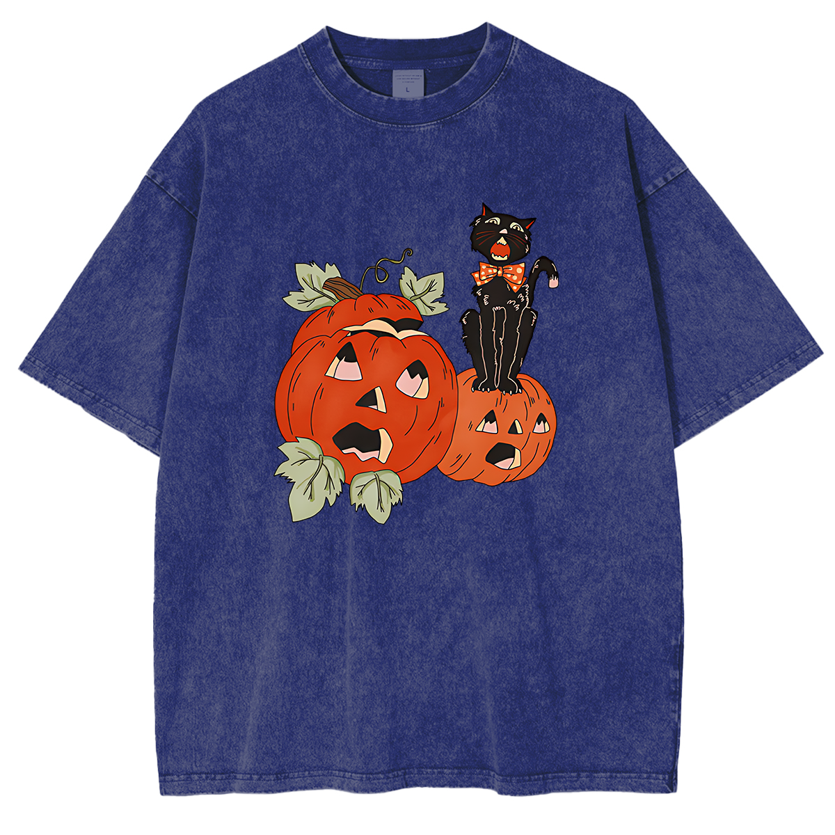 Halloween Screaming Black Cat And Pumpkins Washed T-shirt