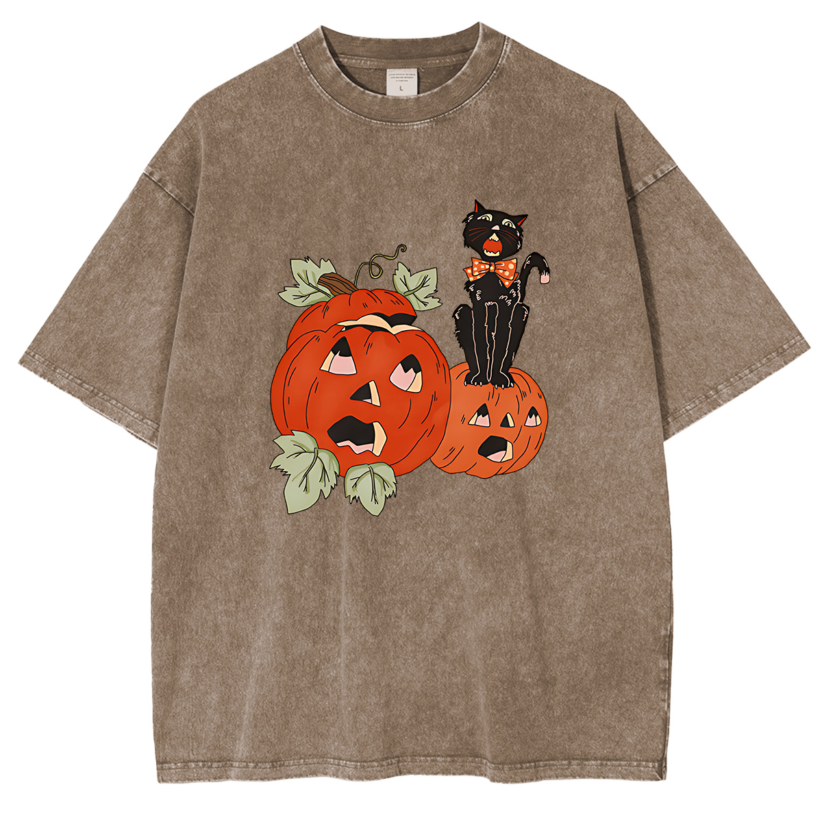 Halloween Screaming Black Cat And Pumpkins Washed T-shirt