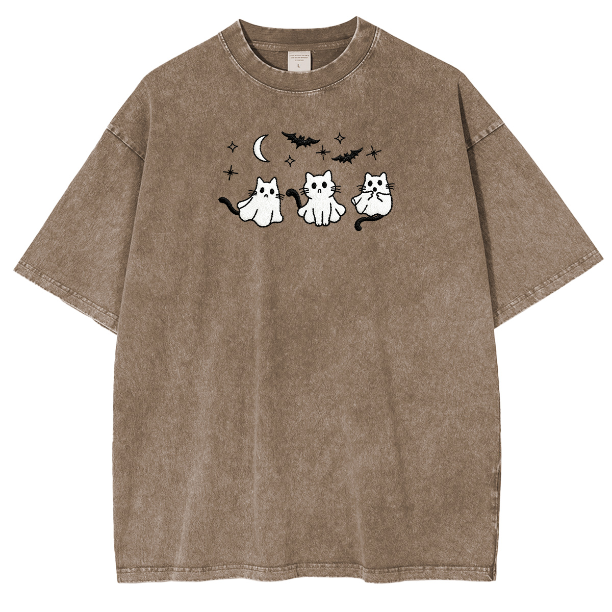 3 Ghost Cats Embroidered Spooky Season Halloween Weashed Shrit