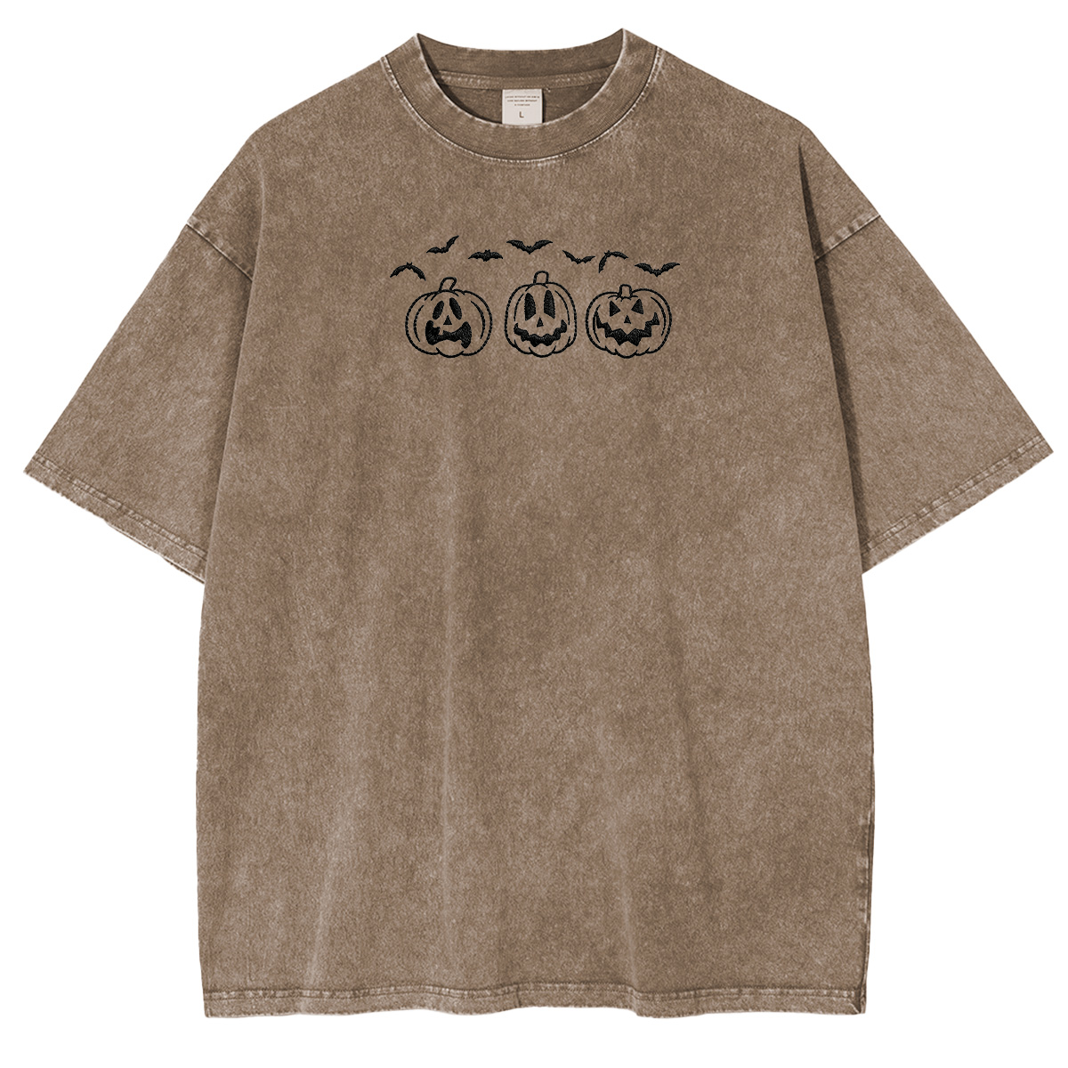Embroidered Pumpkin Outline with Bats Weashed Shrit