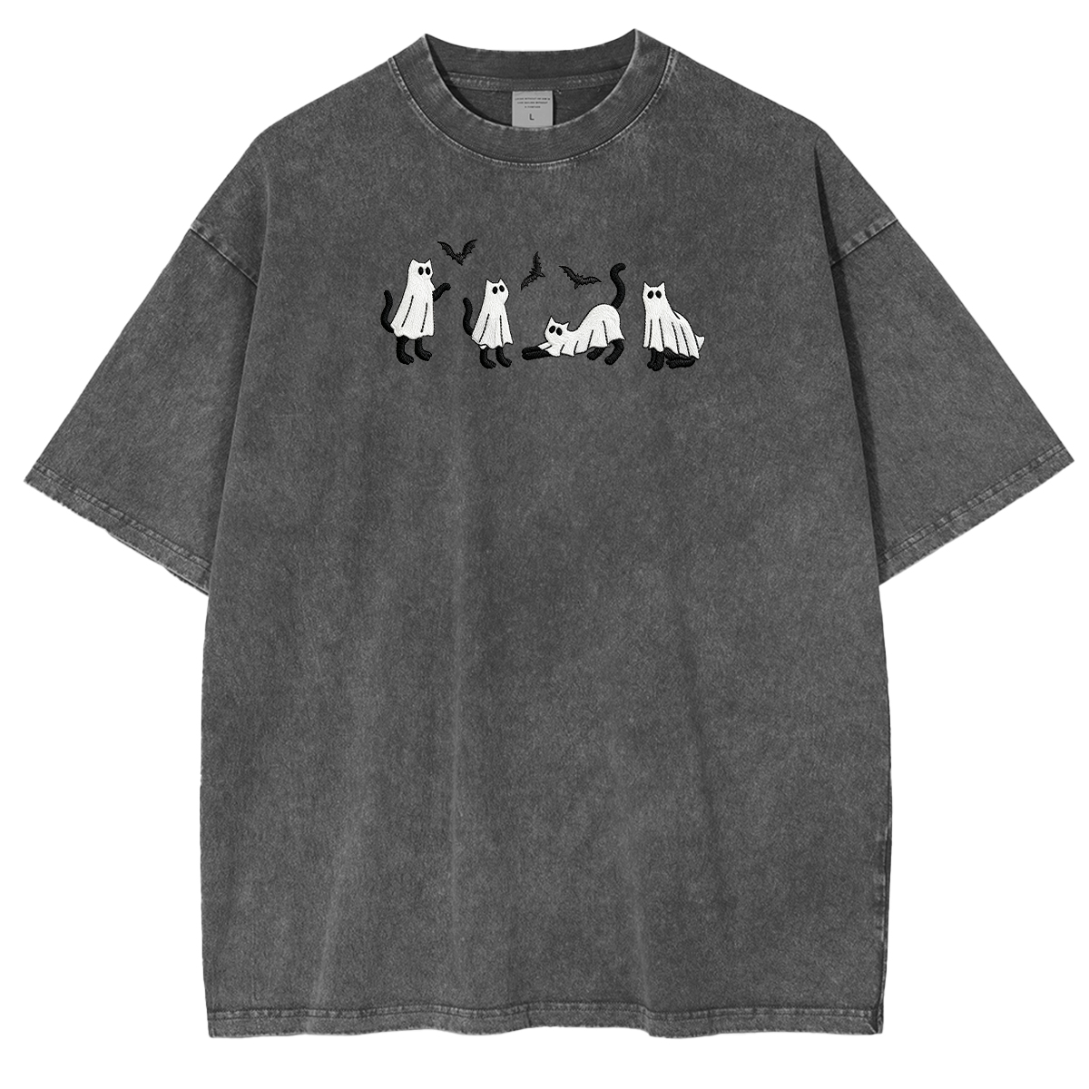 Embroidered Ghost Cats Halloween Weashed Shrit