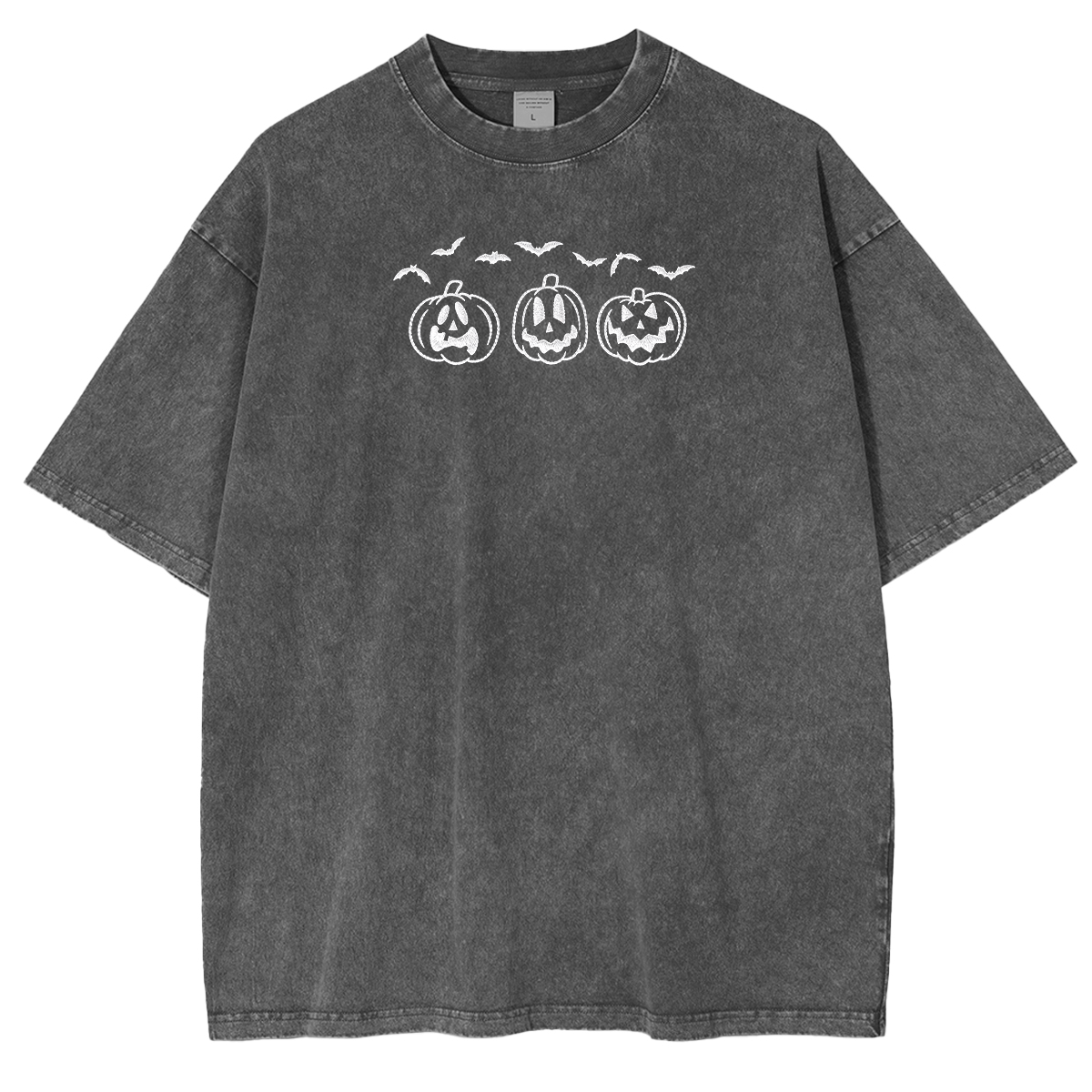 Embroidered Pumpkin Outline with Bats Weashed Shrit