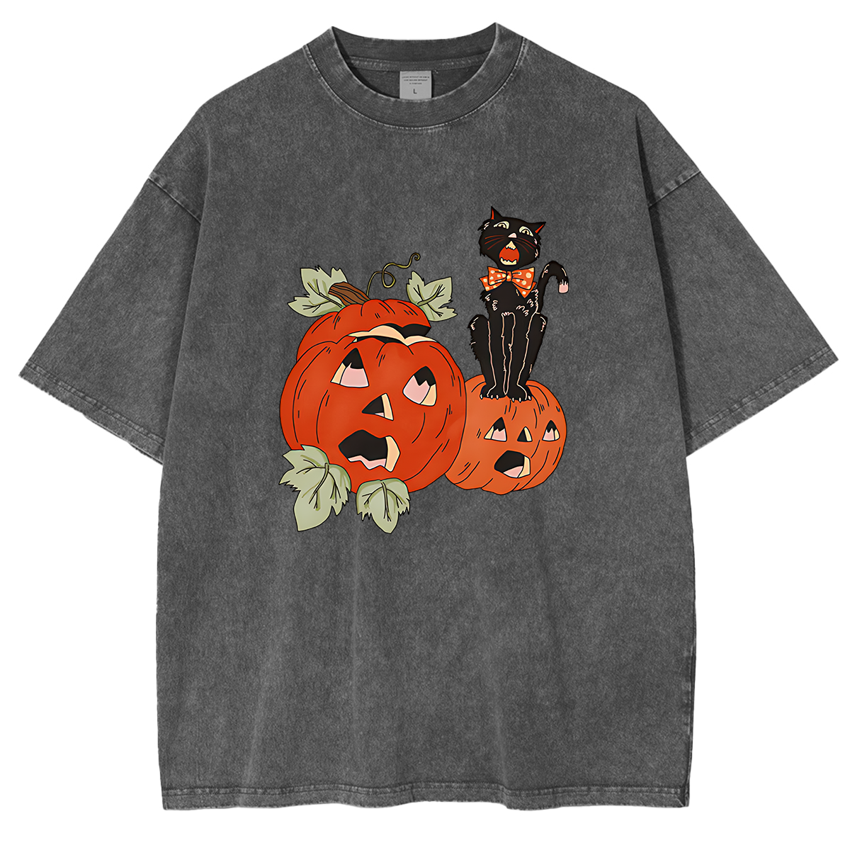Halloween Screaming Black Cat And Pumpkins Washed T-shirt