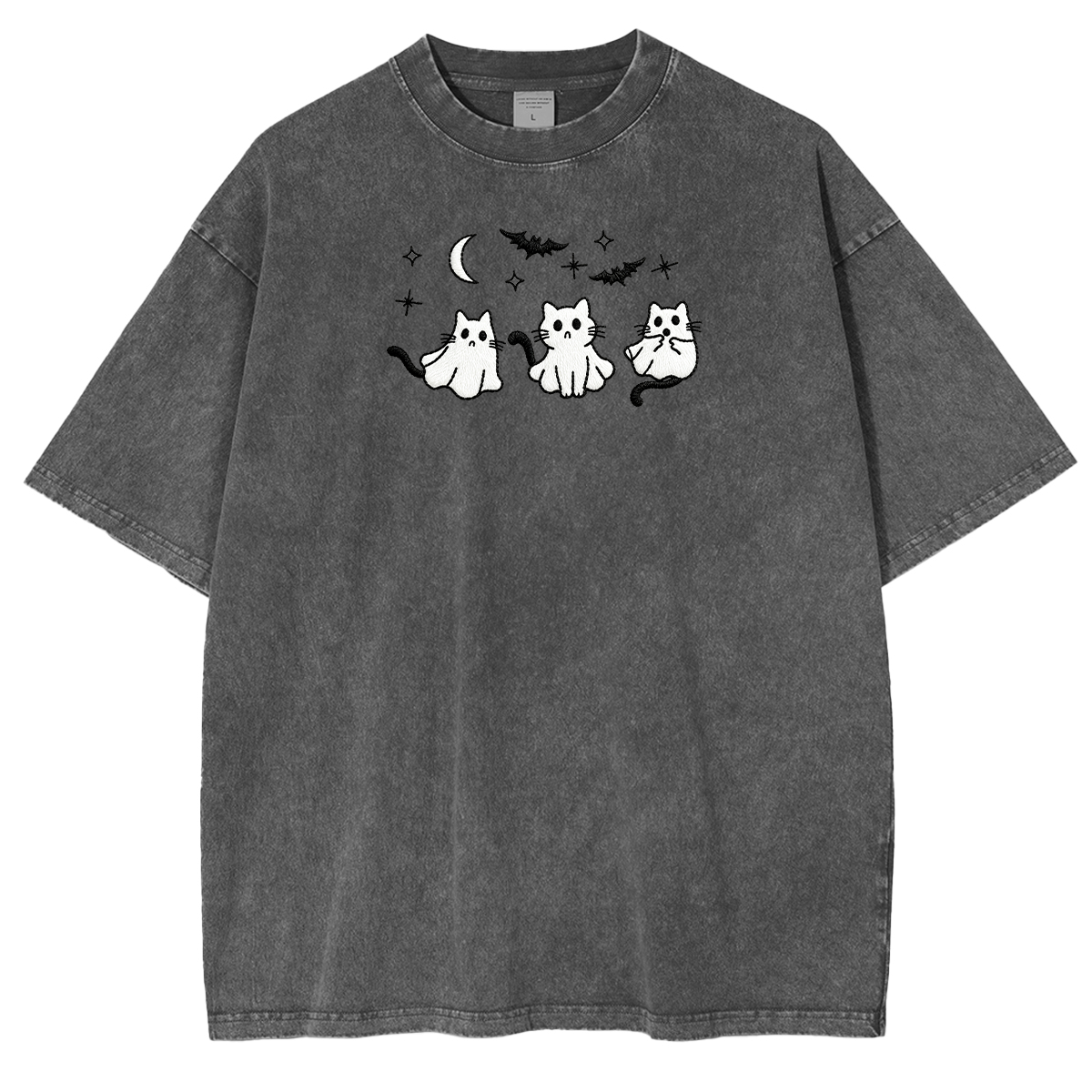 3 Ghost Cats Embroidered Spooky Season Halloween Weashed Shrit