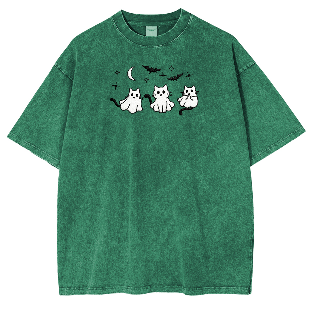 3 Ghost Cats Embroidered Spooky Season Halloween Weashed Shrit