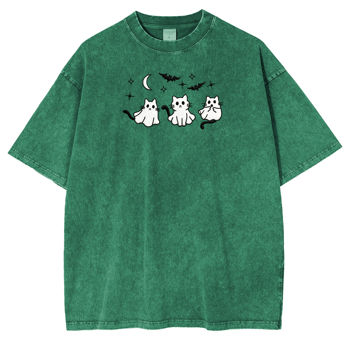 3 Ghost Cats Embroidered Spooky Season Halloween Weashed Shrit