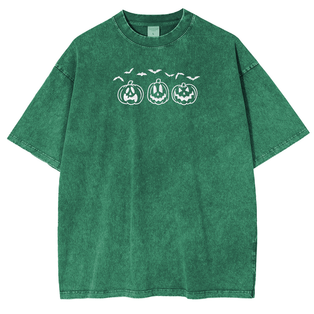 Embroidered Pumpkin Outline with Bats Weashed Shrit