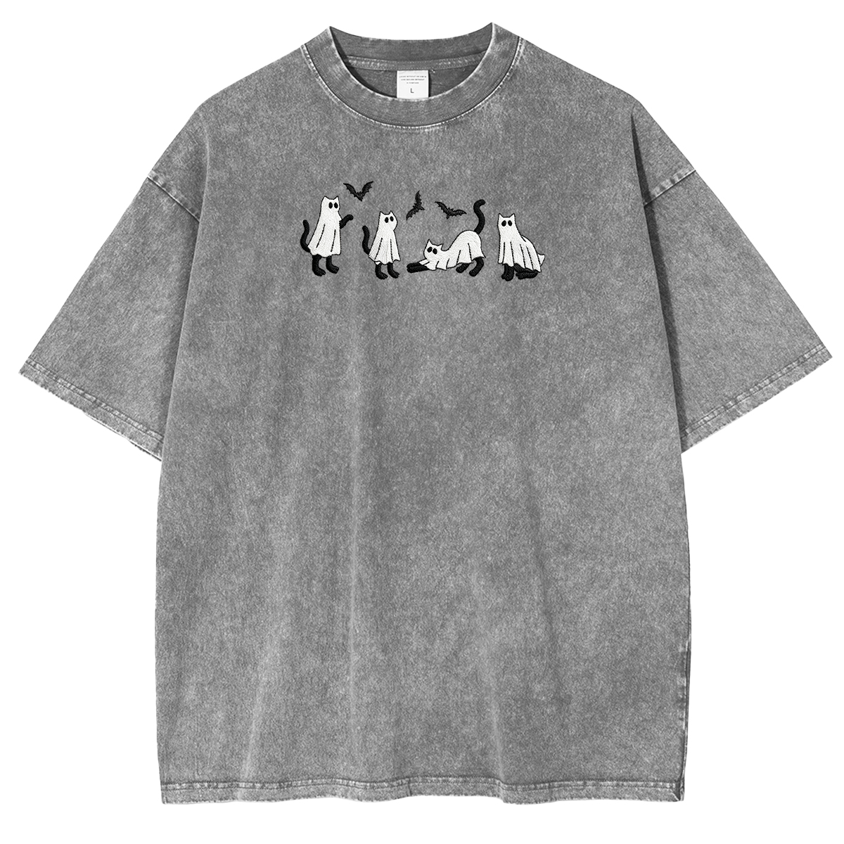 Embroidered Ghost Cats Halloween Weashed Shrit