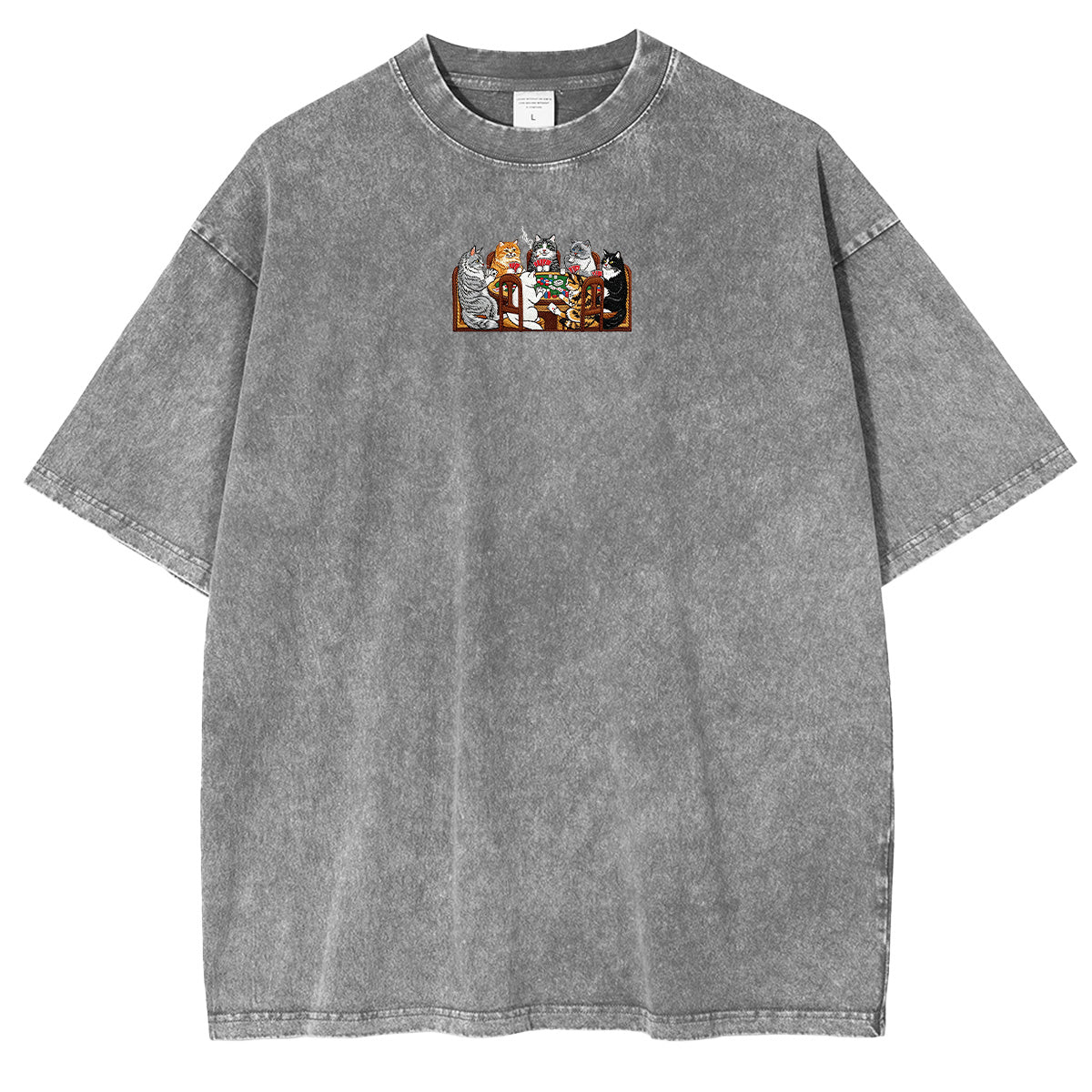 Embroidered Cats Playing Poker Washed T-shirt