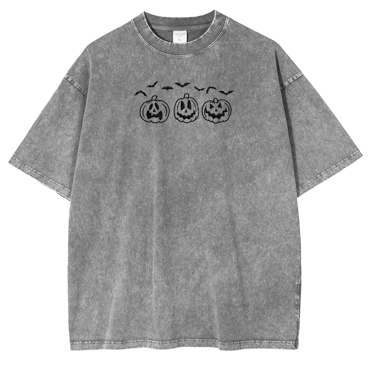 Embroidered Pumpkin Outline with Bats Weashed Shrit