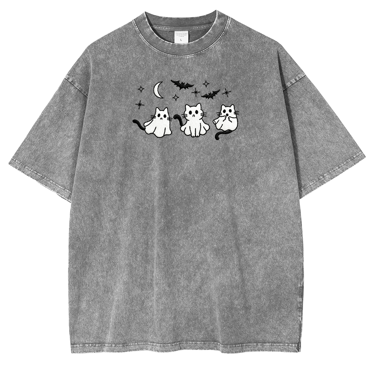 3 Ghost Cats Embroidered Spooky Season Halloween Weashed Shrit