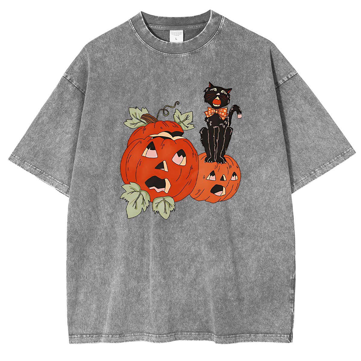 Halloween Screaming Black Cat And Pumpkins Washed T-shirt