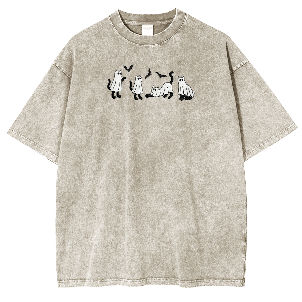 Embroidered Ghost Cats Halloween Weashed Shrit