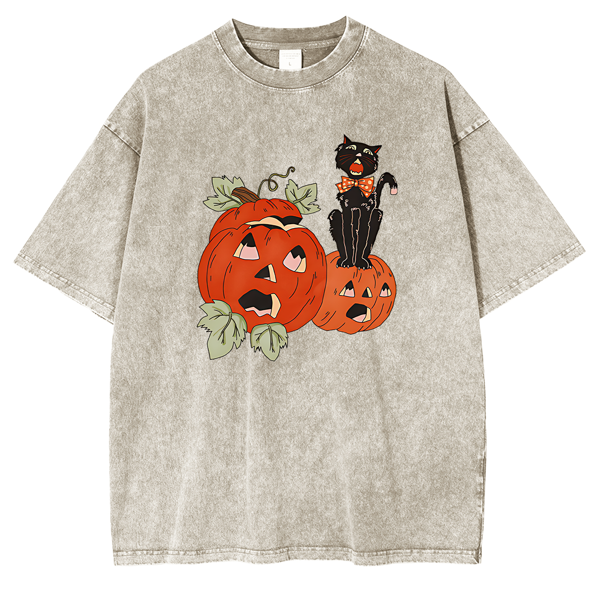 Halloween Screaming Black Cat And Pumpkins Washed T-shirt