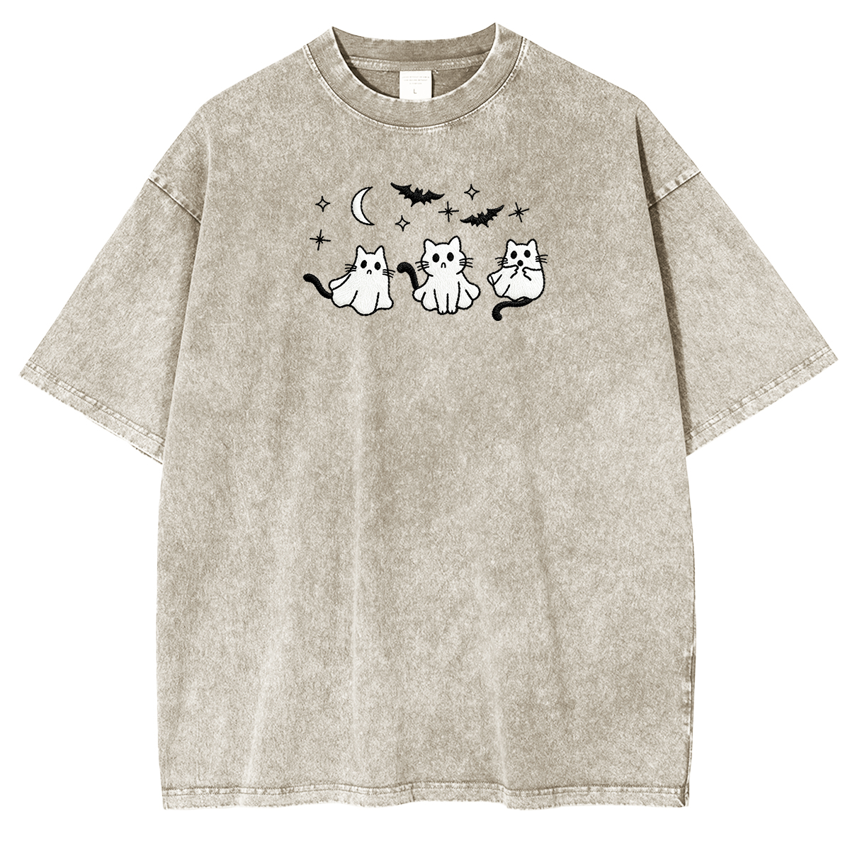 3 Ghost Cats Embroidered Spooky Season Halloween Weashed Shrit