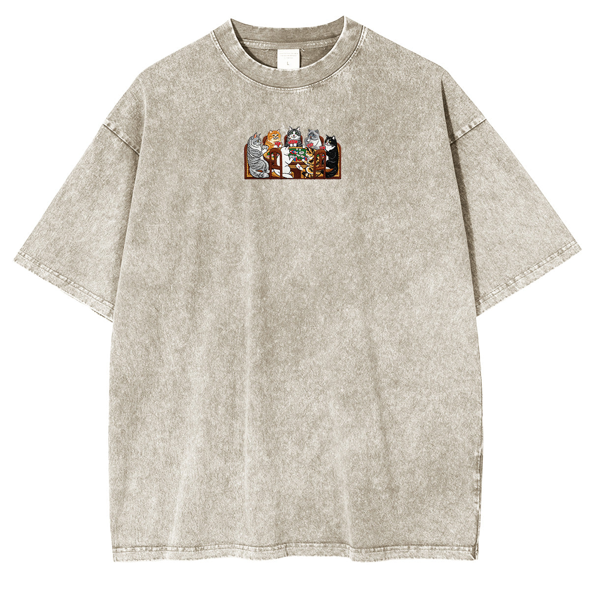 Embroidered Cats Playing Poker Washed T-shirt