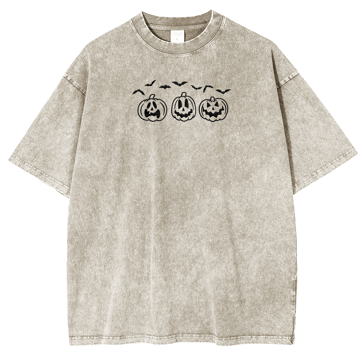 Embroidered Pumpkin Outline with Bats Weashed Shrit