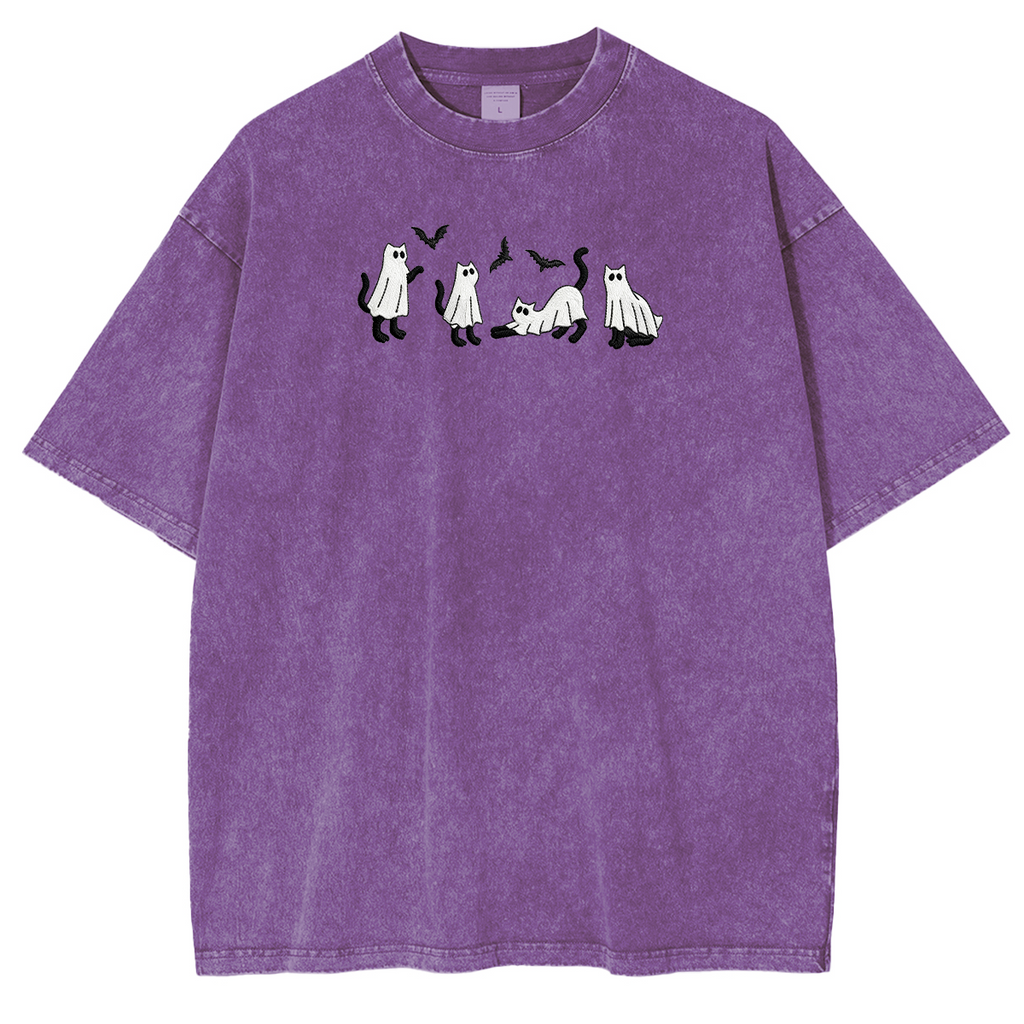 Embroidered Ghost Cats Halloween Weashed Shrit