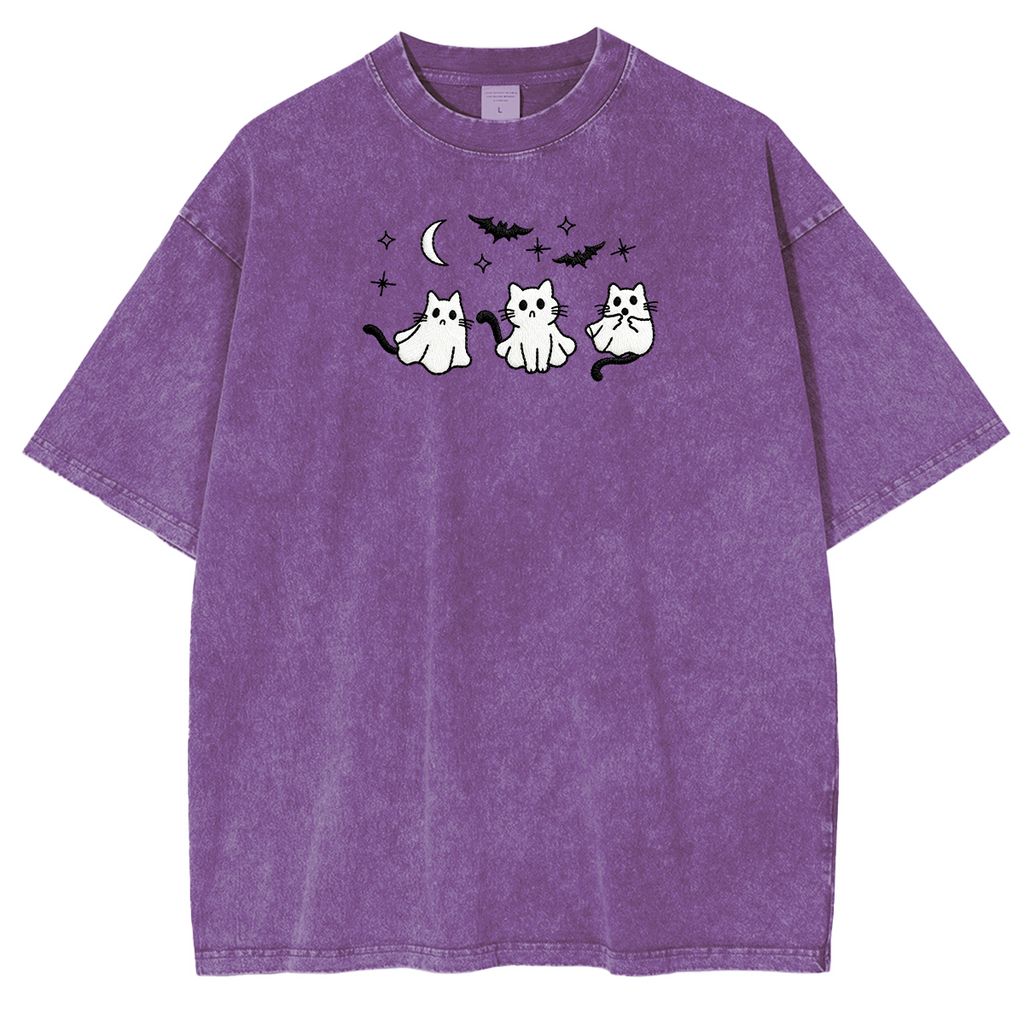 3 Ghost Cats Embroidered Spooky Season Halloween Weashed Shrit
