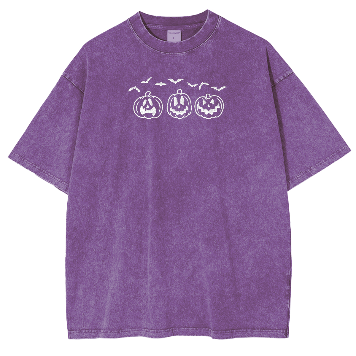 Embroidered Pumpkin Outline with Bats Weashed Shrit