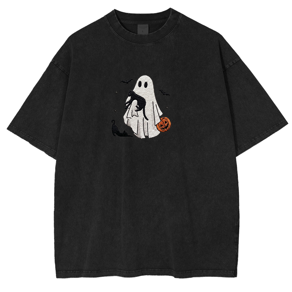 Ghost With Cats embroidered Halloween Weashed Shrit