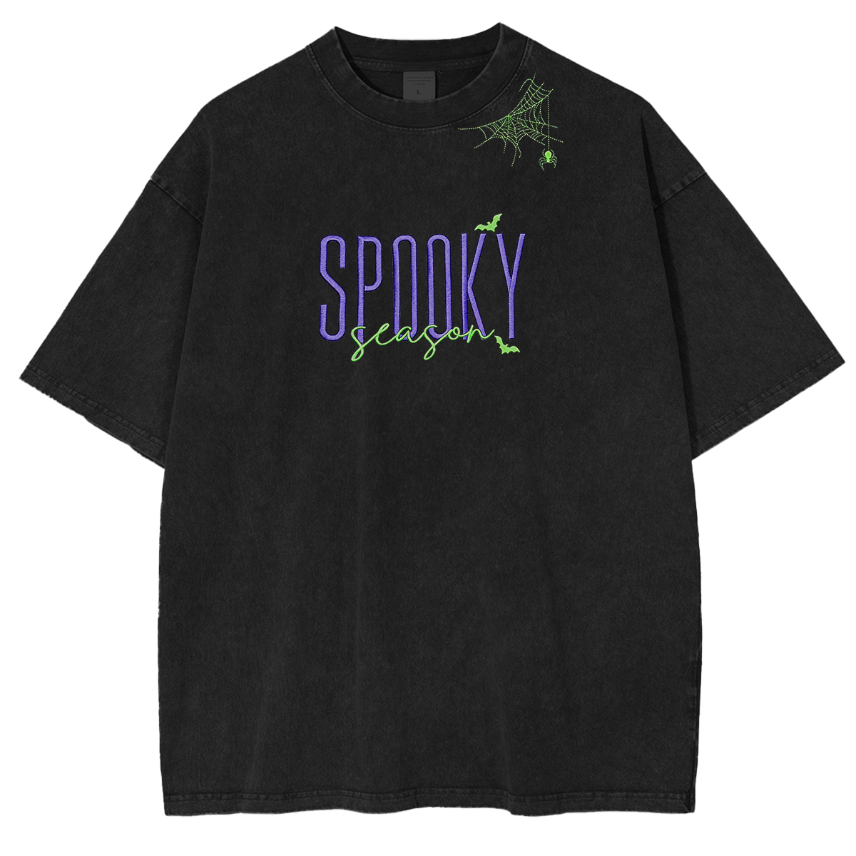Embroidered Halloween Spiderweb Neckline Weashed Shrit