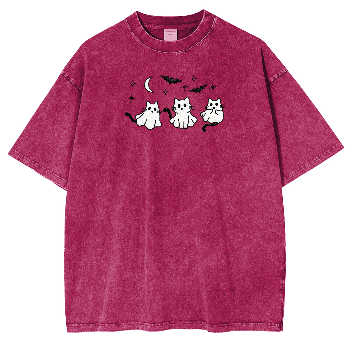 3 Ghost Cats Embroidered Spooky Season Halloween Weashed Shrit