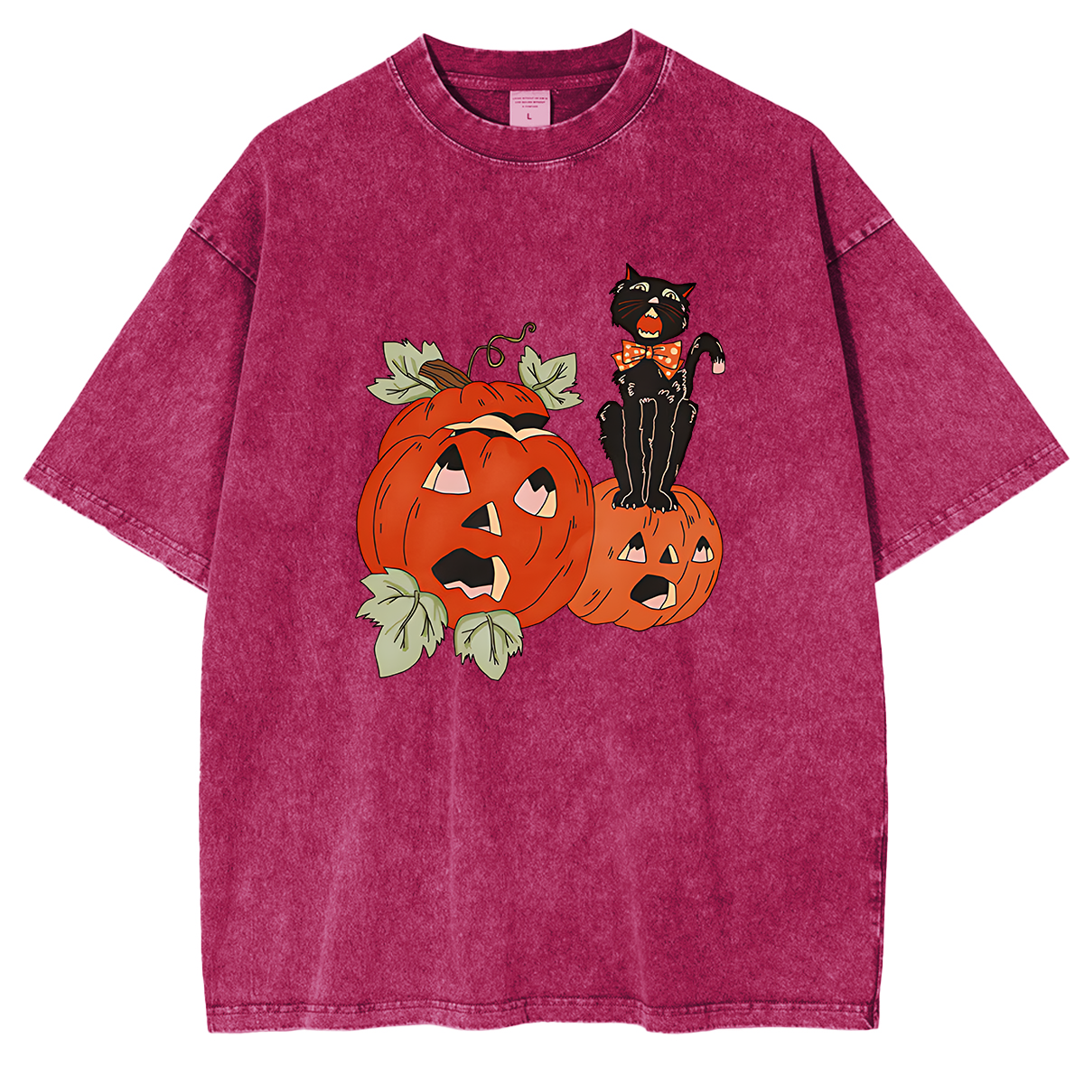 Halloween Screaming Black Cat And Pumpkins Washed T-shirt